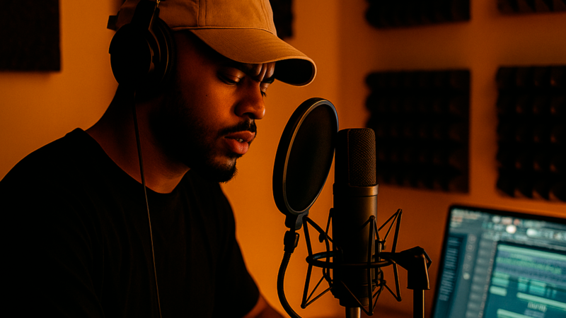 Rapper while record rap vocals at home